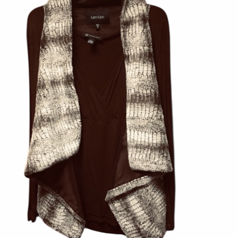 Karen Kane cream and brown sheared faux fur waterfall vest brown lining
